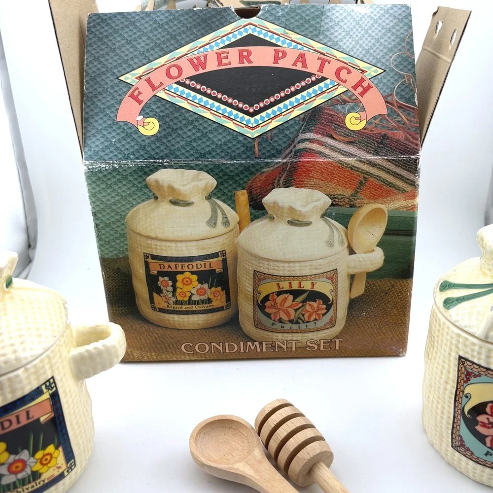 Himark Flower Patch Ceramic Condiment Set Lily Daffodil Honey Jam Jars‎ Utensils